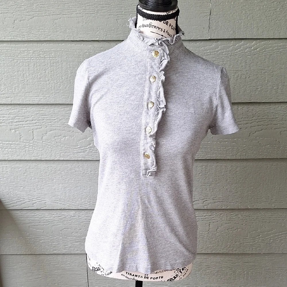 Tory Burch Lidia Ruffle Polo Tee GRAY Size Small - Picture 2 of 11